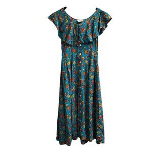Vintage Tangibles Dress M Blue Tropical Off Shoulder Ruffle Top Maxi Resort‎